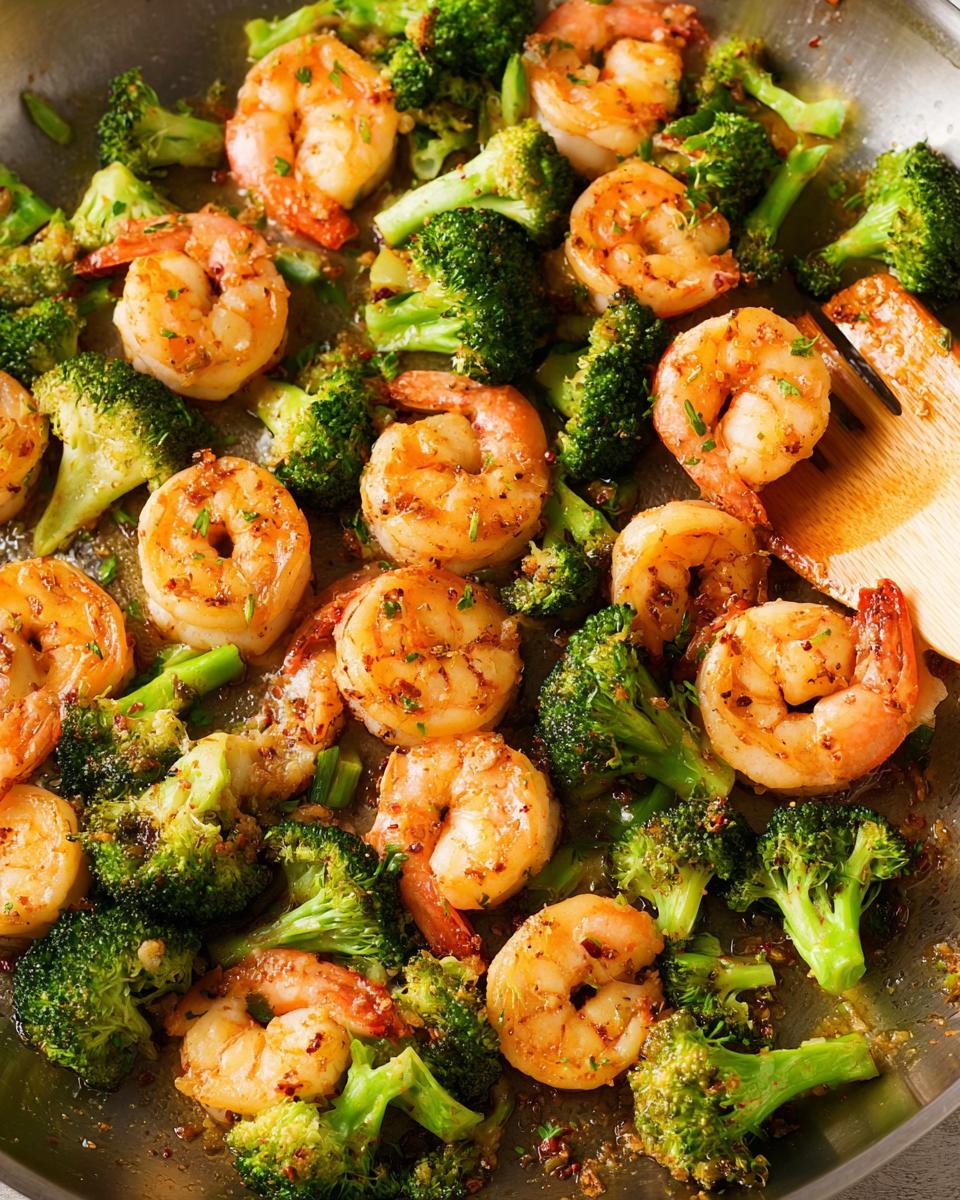 Close-up of Garlic Butter Shrimp & Broccoli cooked in a skillet, with a wooden spatula.