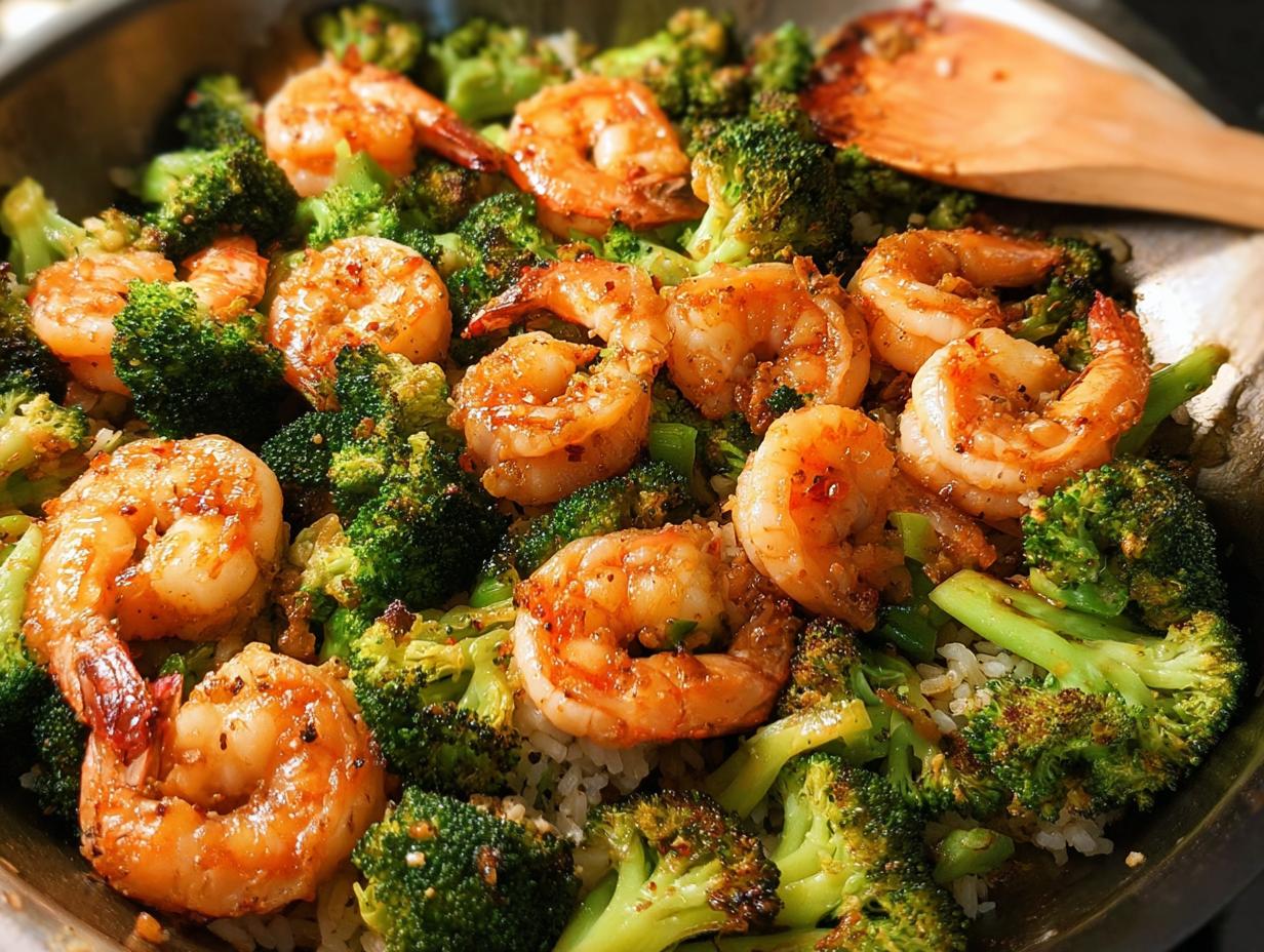 Close-up of Garlic Butter Shrimp & Broccoli cooked in a skillet with rice.