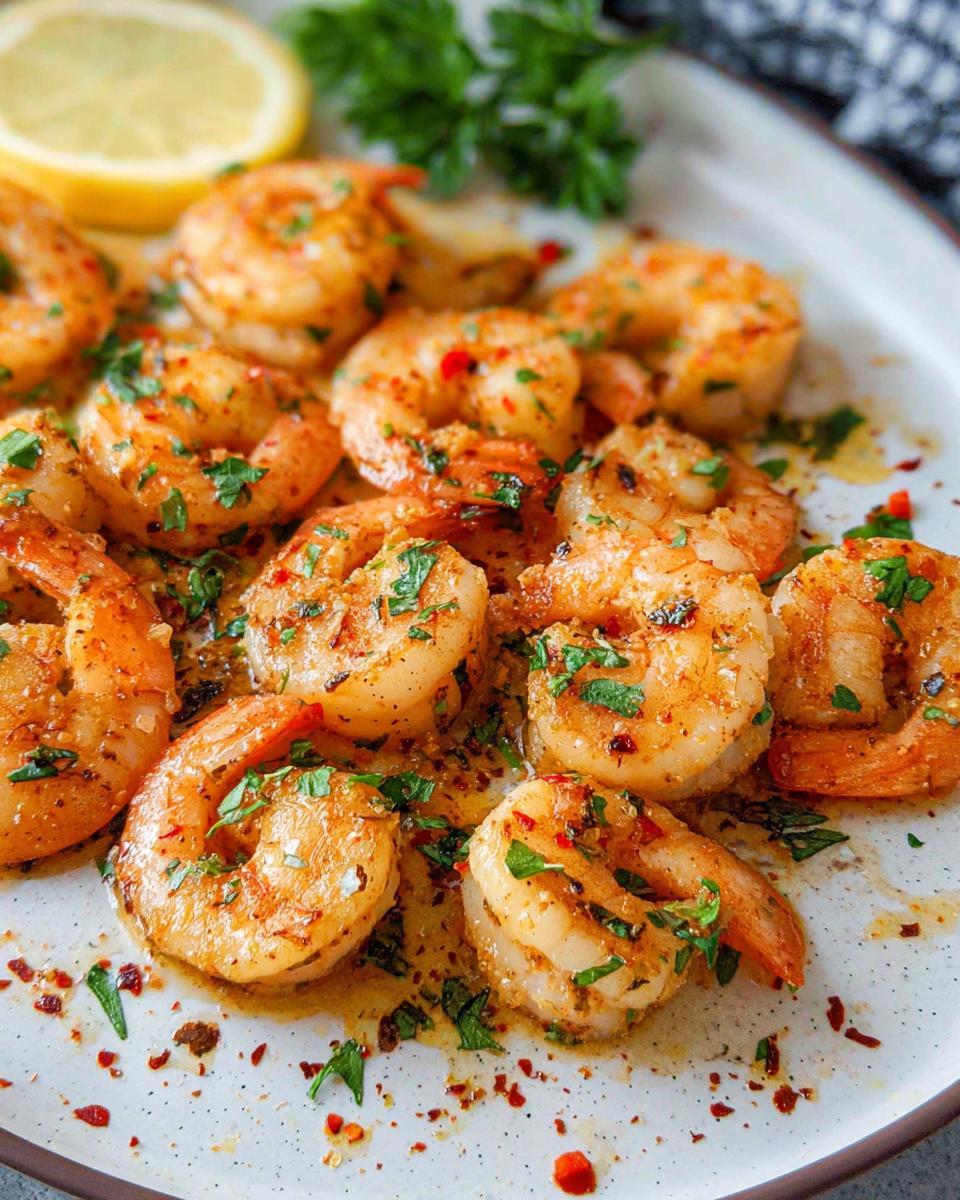 Close-up of perfectly cooked Garlic Butter Shrimp seasoned with herbs and red pepper flakes on a white plate.