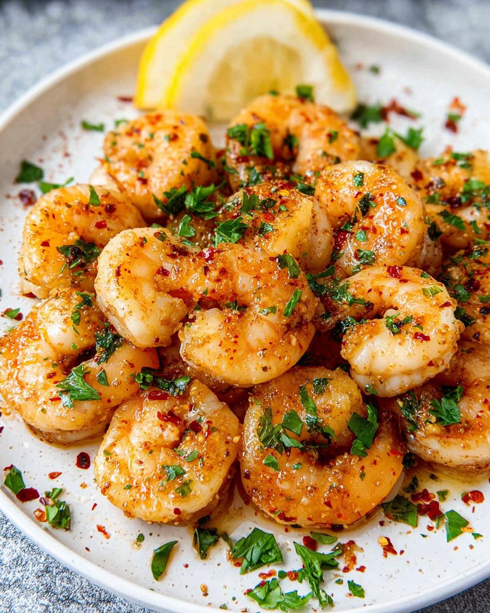 A close-up of perfectly cooked Garlic Butter Shrimp seasoned with red pepper flakes and fresh parsley, served with a lemon wedge.