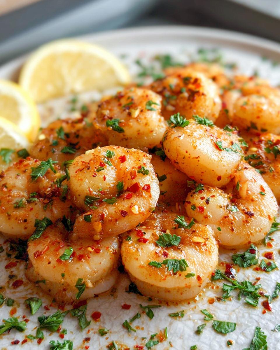 Close-up of perfectly cooked Garlic Butter Shrimp seasoned with red pepper flakes and fresh parsley, served with lemon wedges.