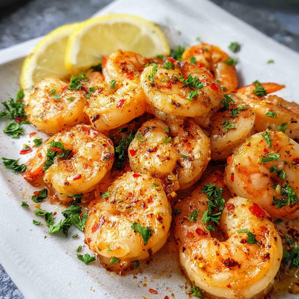 Close-up of perfectly cooked Garlic Butter Shrimp seasoned with herbs and chili flakes, served with lemon slices.