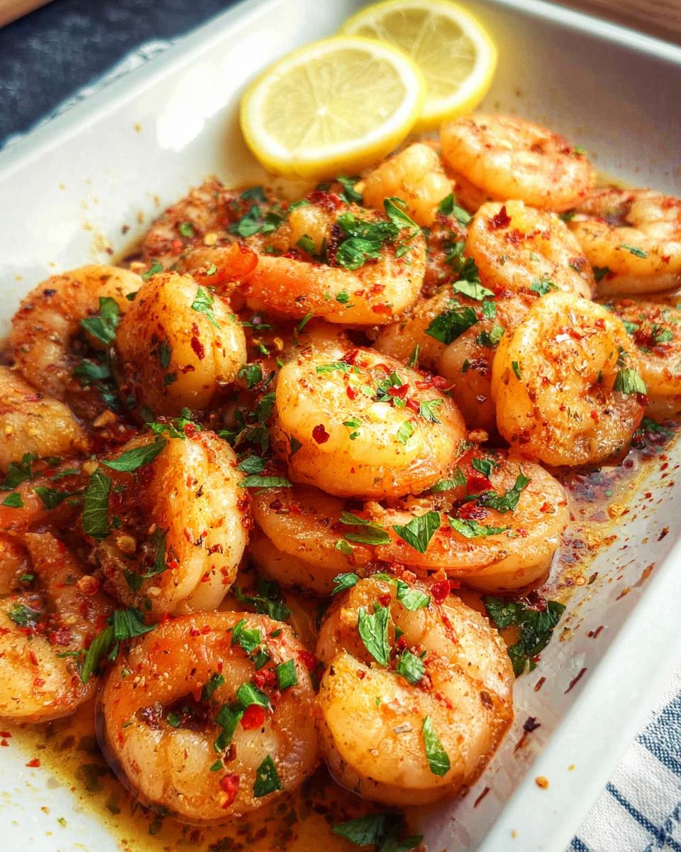 Close-up of cooked Garlic Butter Shrimp garnished with parsley and red pepper flakes, served with lemon slices.