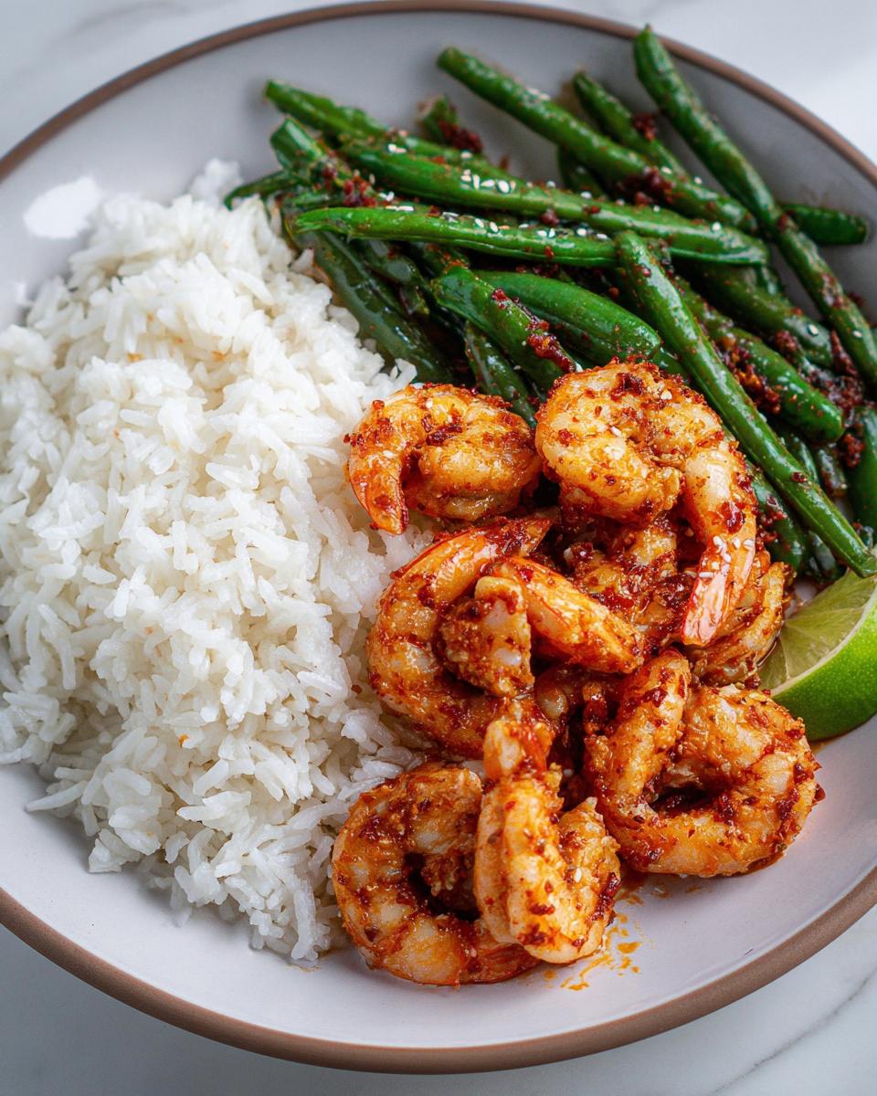 A plate of Garlic Chili Shrimp With Jasmine Rice, featuring plump shrimp coated in a red chili sauce, fluffy white rice, and green beans sprinkled with sesame seeds.