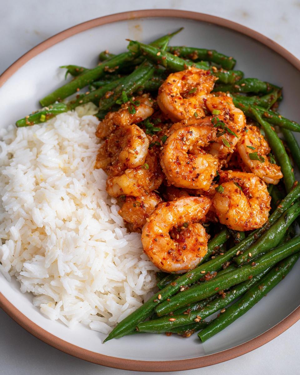 A bowl of Garlic Chili Shrimp with Jasmine Rice and green beans, garnished with sesame seeds and chives.