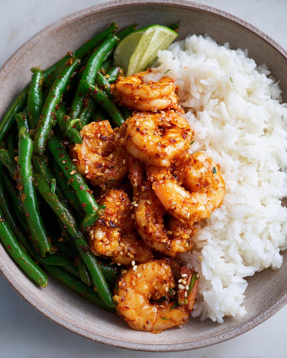 A bowl of Garlic Chili Shrimp With Jasmine Rice, featuring plump shrimp, crisp green beans, and fluffy white rice, garnished with a lime wedge.
