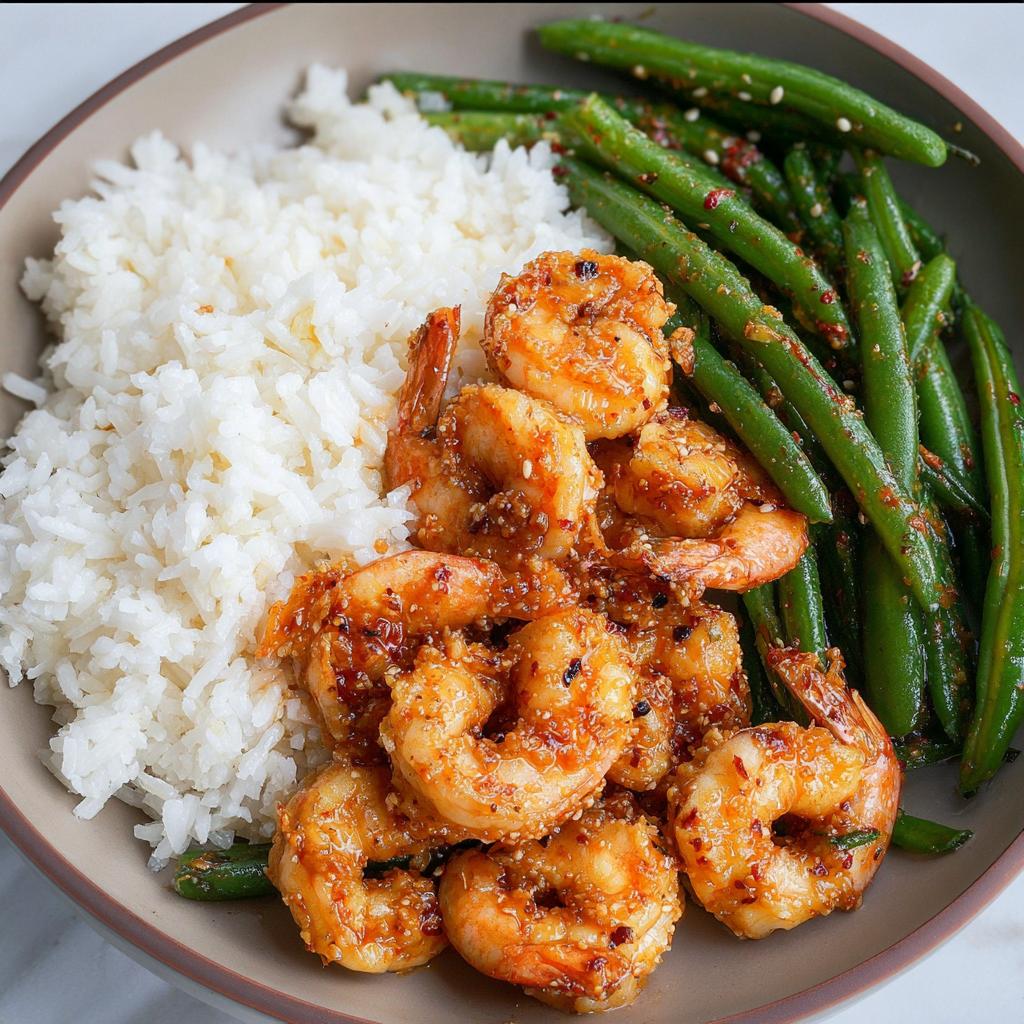 A close-up of Garlic Chili Shrimp With Jasmine Rice served with green beans in a bowl.