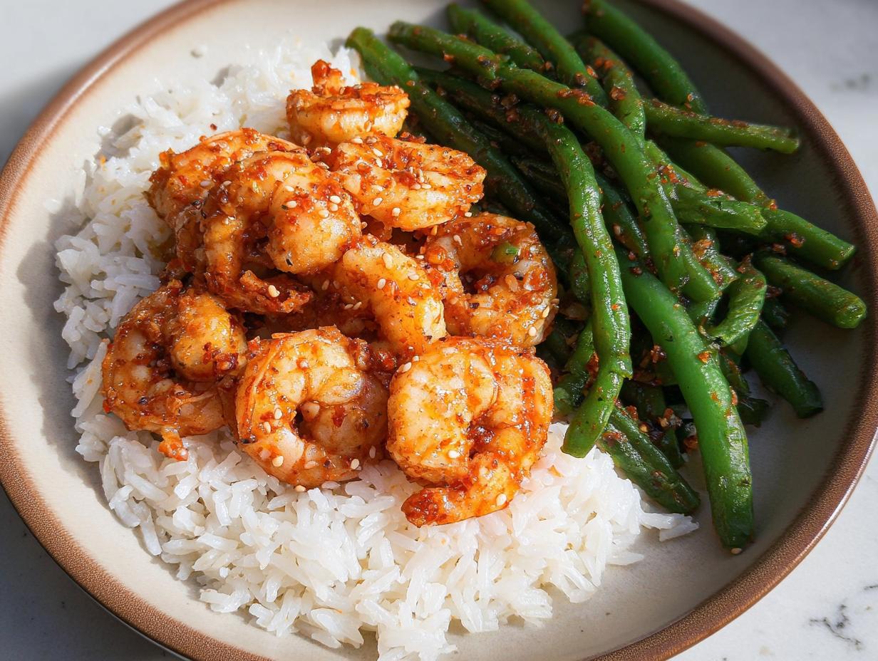 A plate of Garlic Chili Shrimp With Jasmine Rice and green beans, sprinkled with sesame seeds.