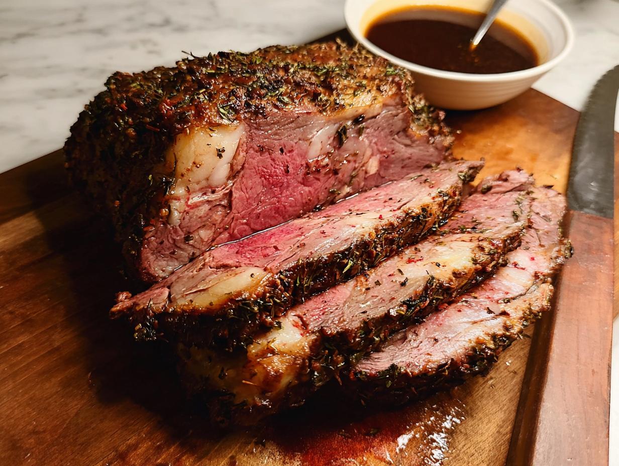 A beautifully roasted and sliced Garlic-Herb Prime Rib resting on a wooden cutting board next to a bowl of au jus.