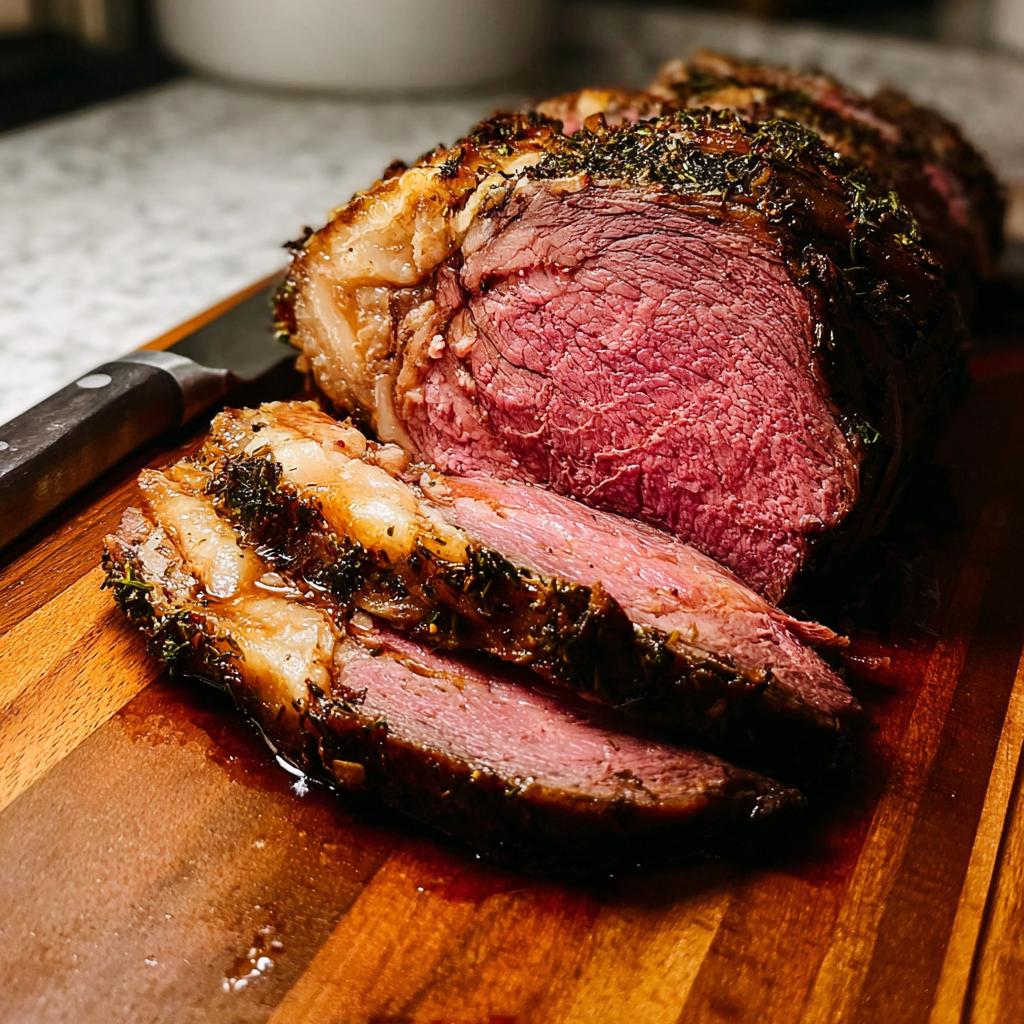 Close-up of a perfectly cooked Garlic-Herb Prime Rib with au jus dripping onto a wooden cutting board.