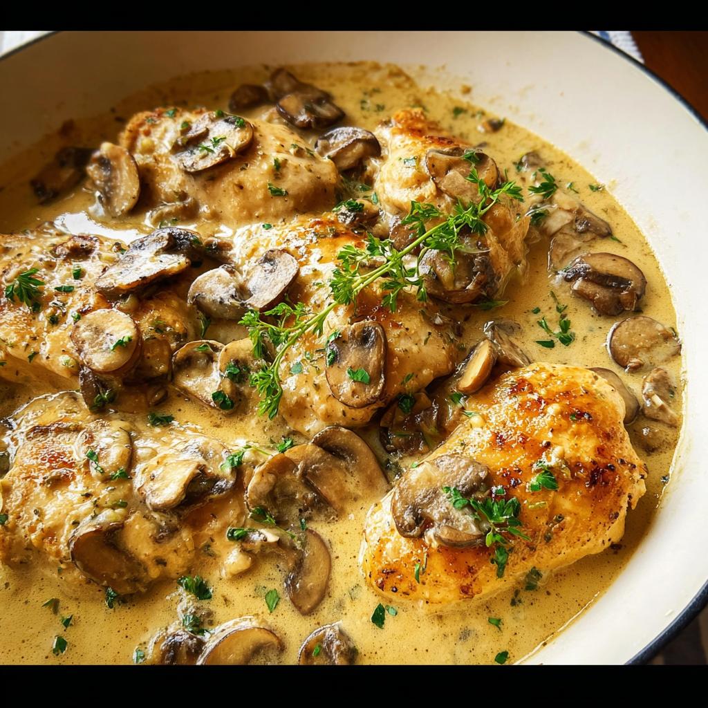 Close-up of tender Garlic Mushroom Chicken breasts in a rich, creamy sauce, garnished with fresh thyme and parsley.