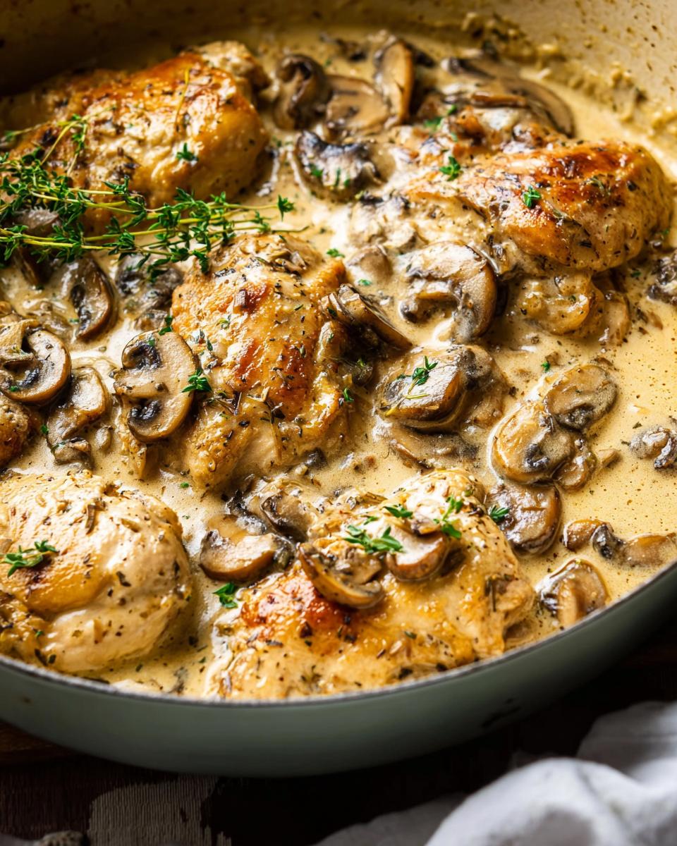 Close-up of tender Garlic Mushroom Chicken pieces in a rich, creamy sauce with sliced mushrooms and fresh thyme.