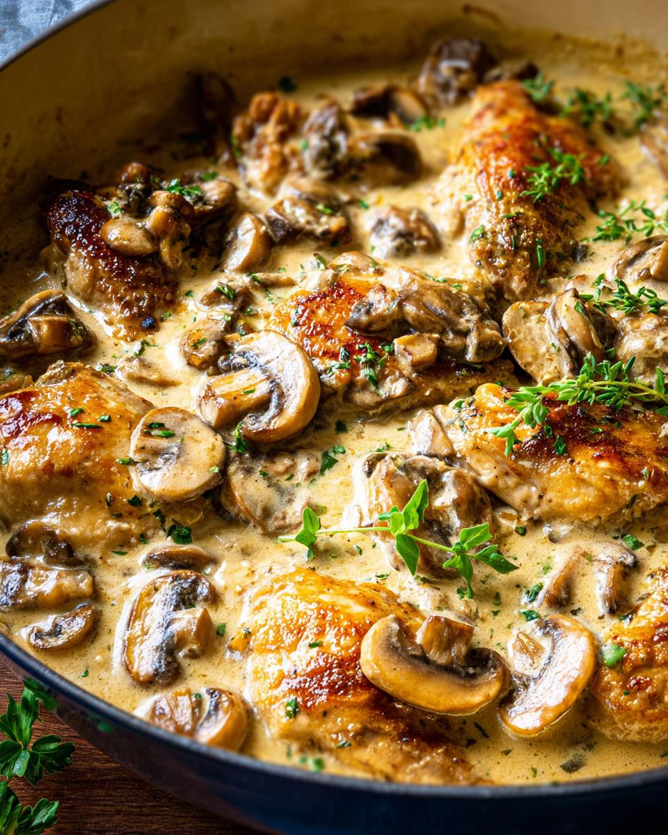 Close-up of tender chicken pieces simmered in a rich garlic mushroom sauce, garnished with fresh herbs.