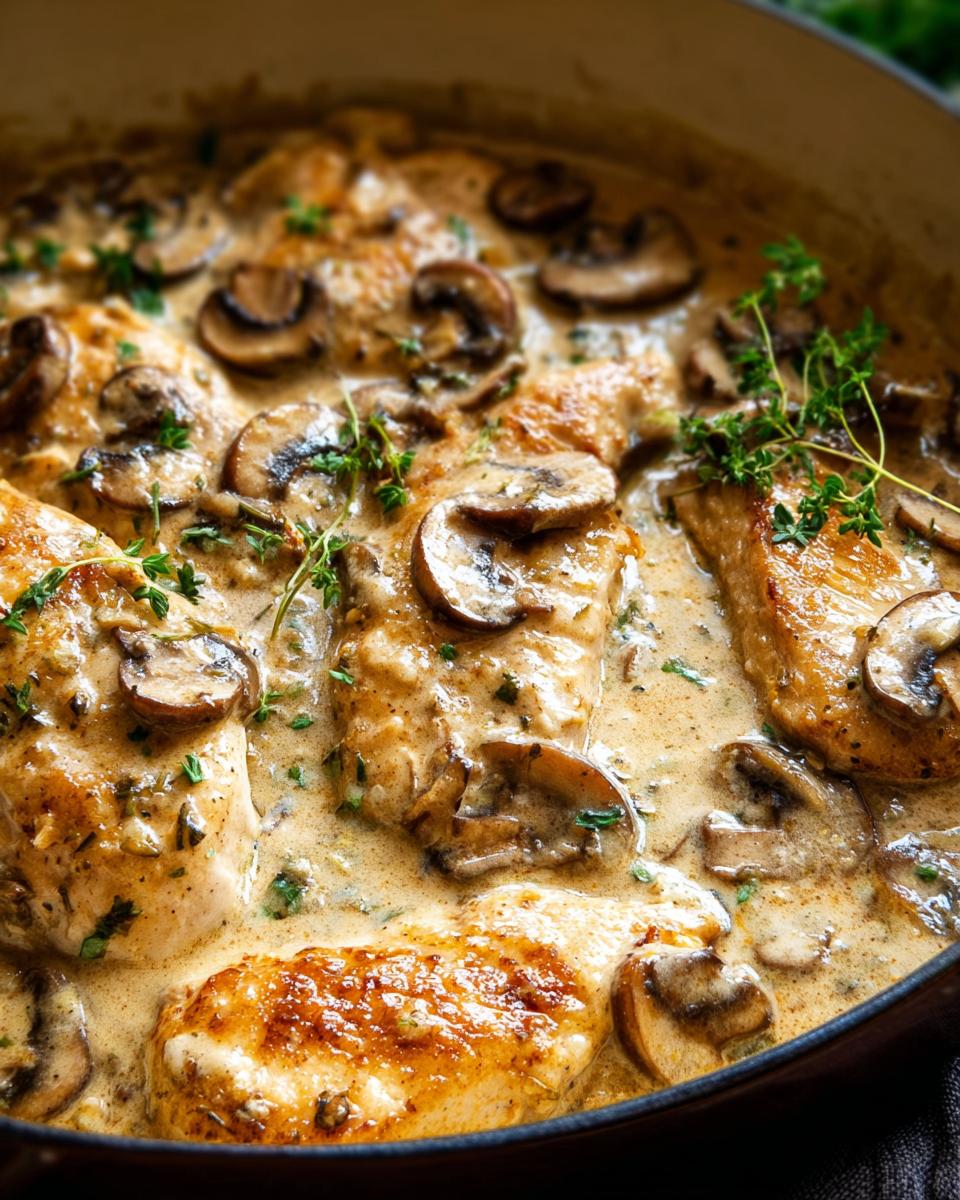 Close-up of tender Garlic Mushroom Chicken pieces simmering in a rich, creamy sauce with fresh thyme.