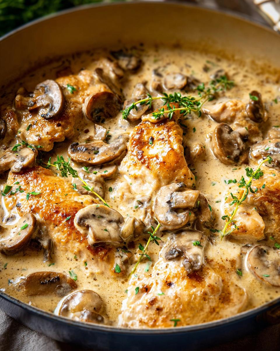 Close-up overhead view of Garlic Mushroom Chicken in a creamy sauce, garnished with fresh thyme.