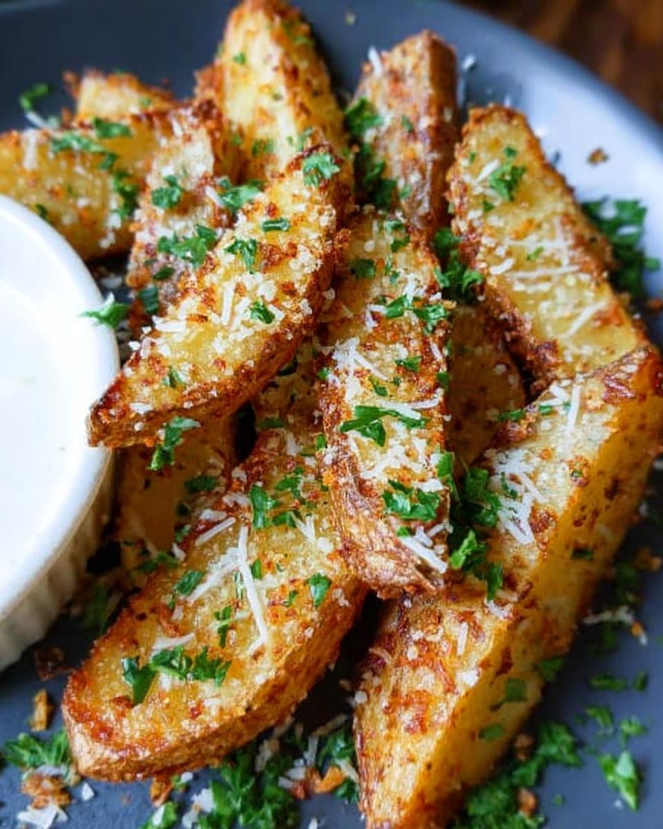 Close-up of crispy, golden Garlic Parmesan Potato Wedges sprinkled with grated cheese and fresh parsley.