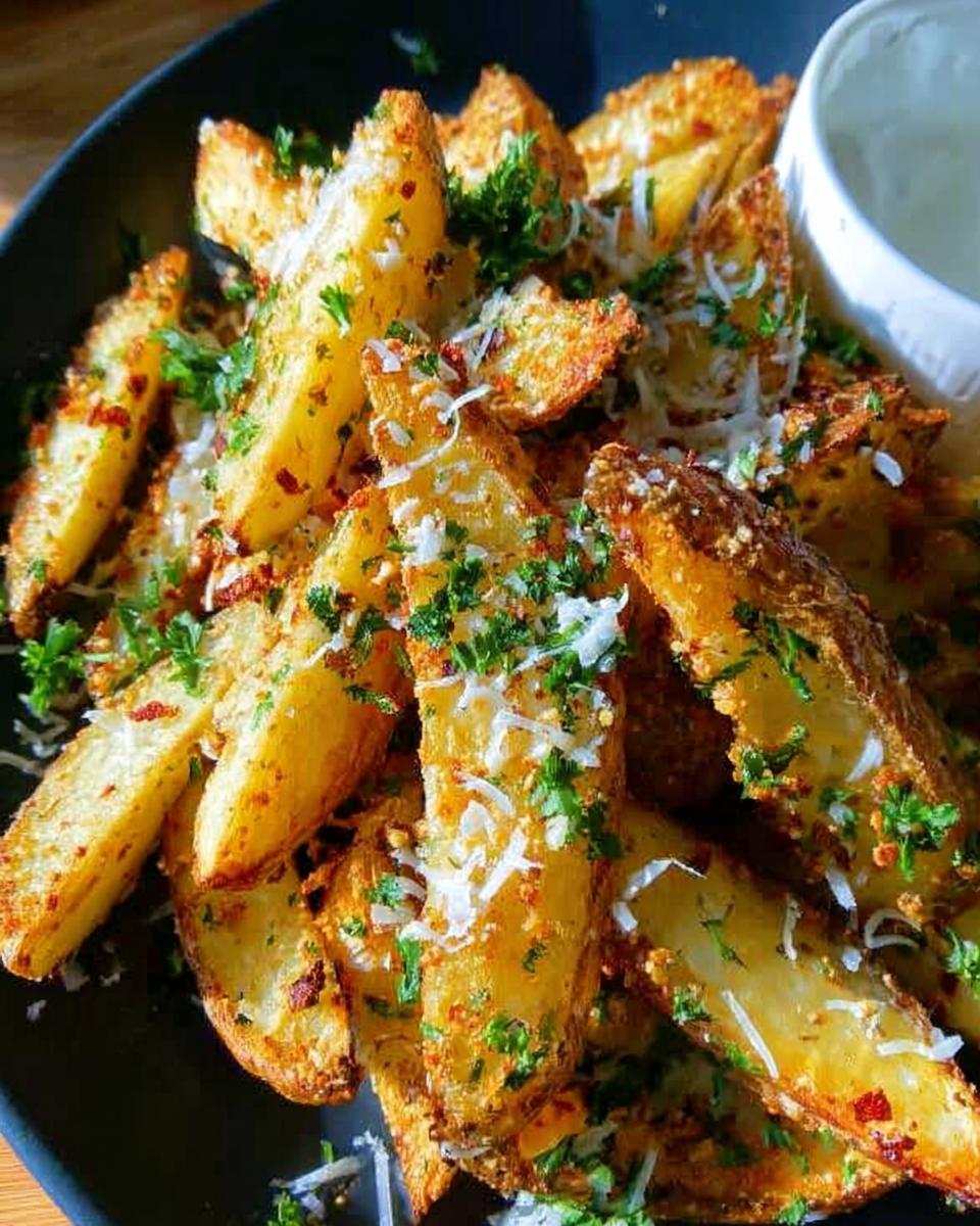 A close-up of crispy Garlic Parmesan Potato Wedges topped with grated cheese and fresh parsley.