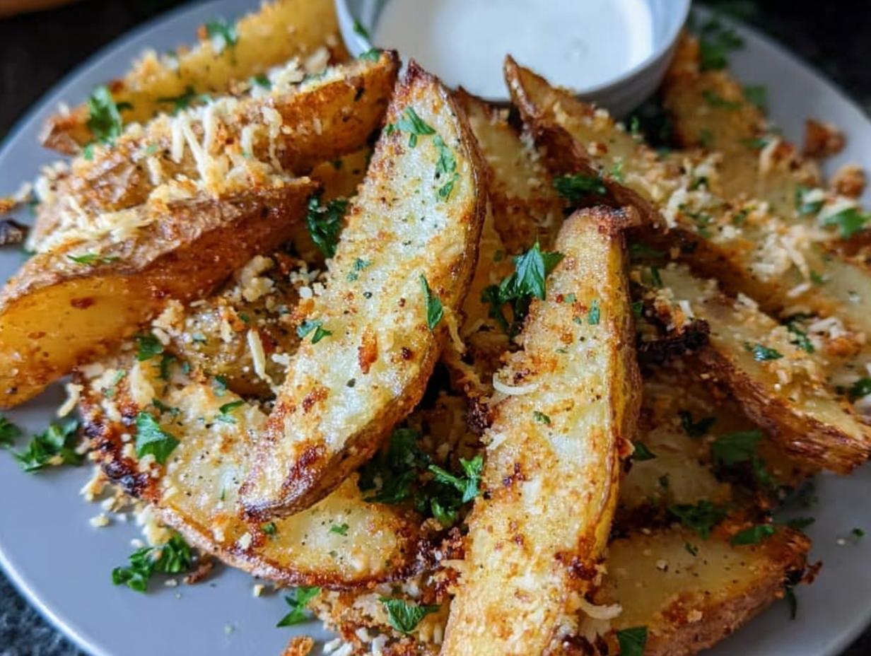 A close-up of crispy, golden Garlic Parmesan Potato Wedges sprinkled with grated cheese and fresh parsley, served with a dipping sauce.