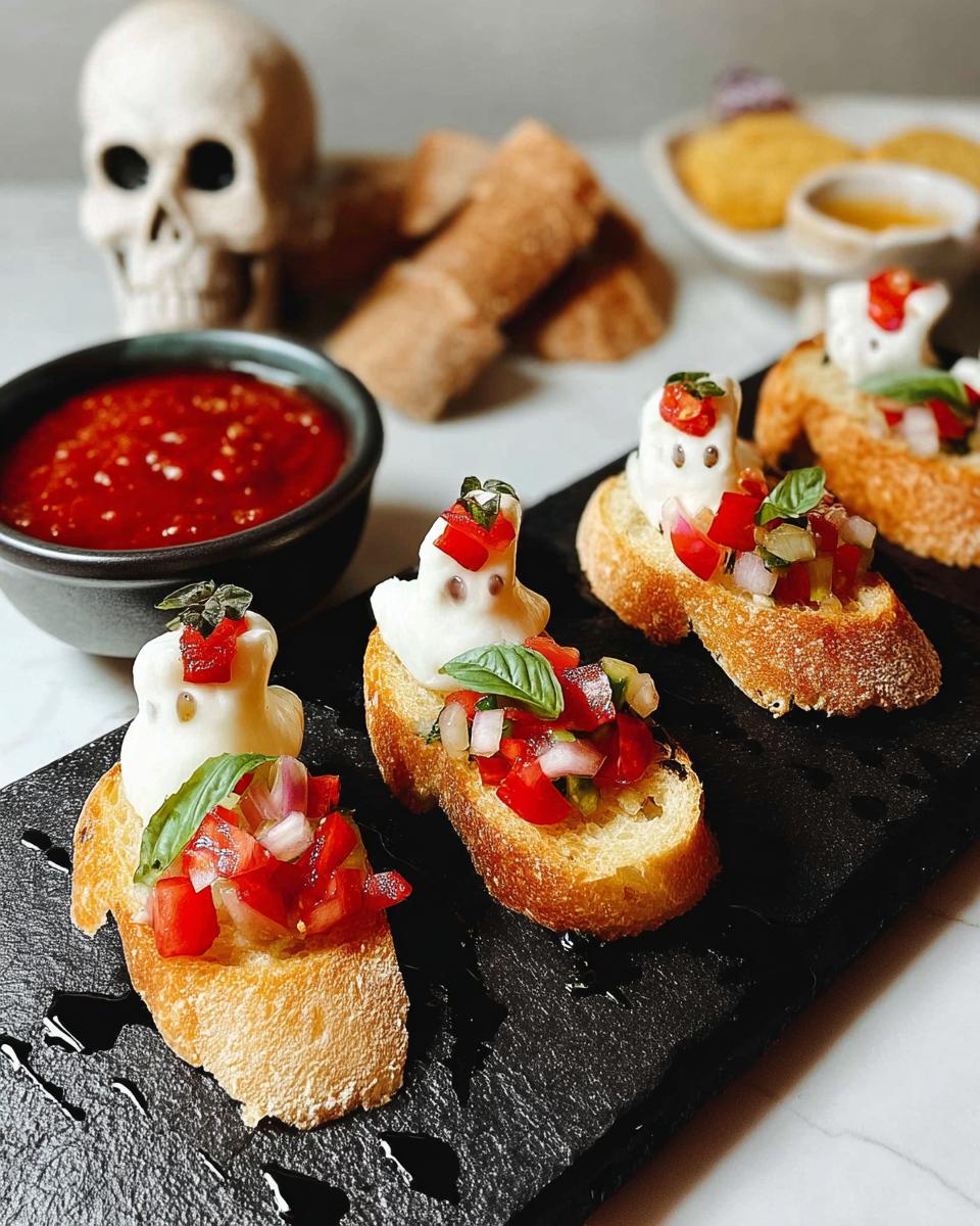 Four spooky Ghost Mozzarella Bites on toasted bread, topped with fresh salsa and basil, served with marinara sauce.