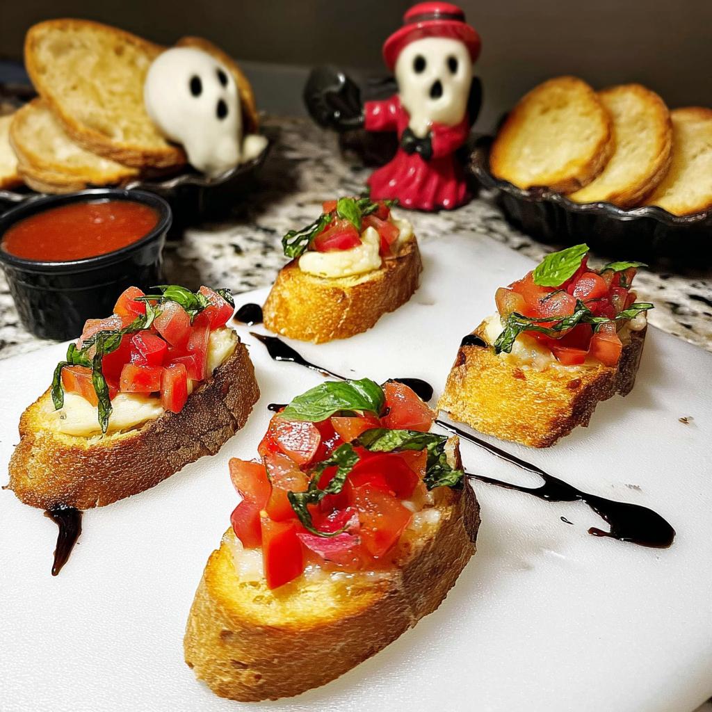 Four Ghost Mozzarella Bites topped with fresh tomatoes and basil, served with marinara sauce and toasted bread slices.