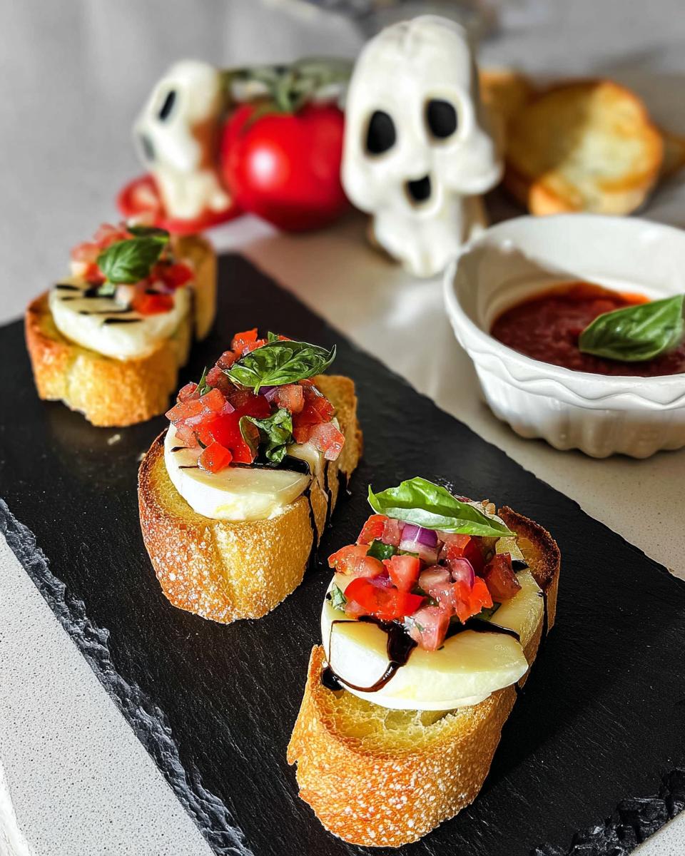 Three spooky Ghost Mozzarella Bites with marinara sauce, topped with fresh tomatoes and basil on toasted bread.