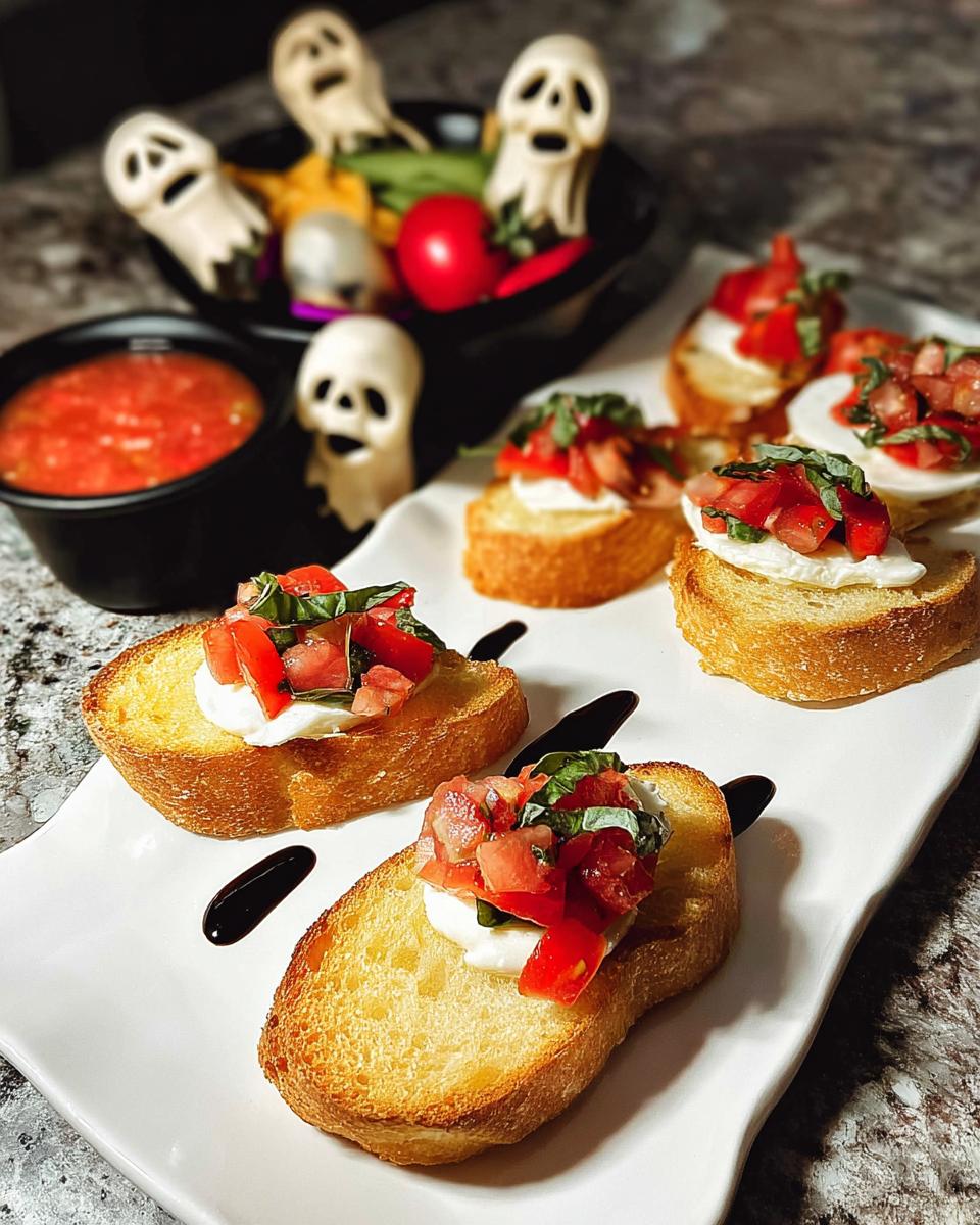 Ghost Mozzarella Bites with Marinara, a spooky Halloween appetizer with toasted bread, fresh mozzarella, tomatoes, and basil.