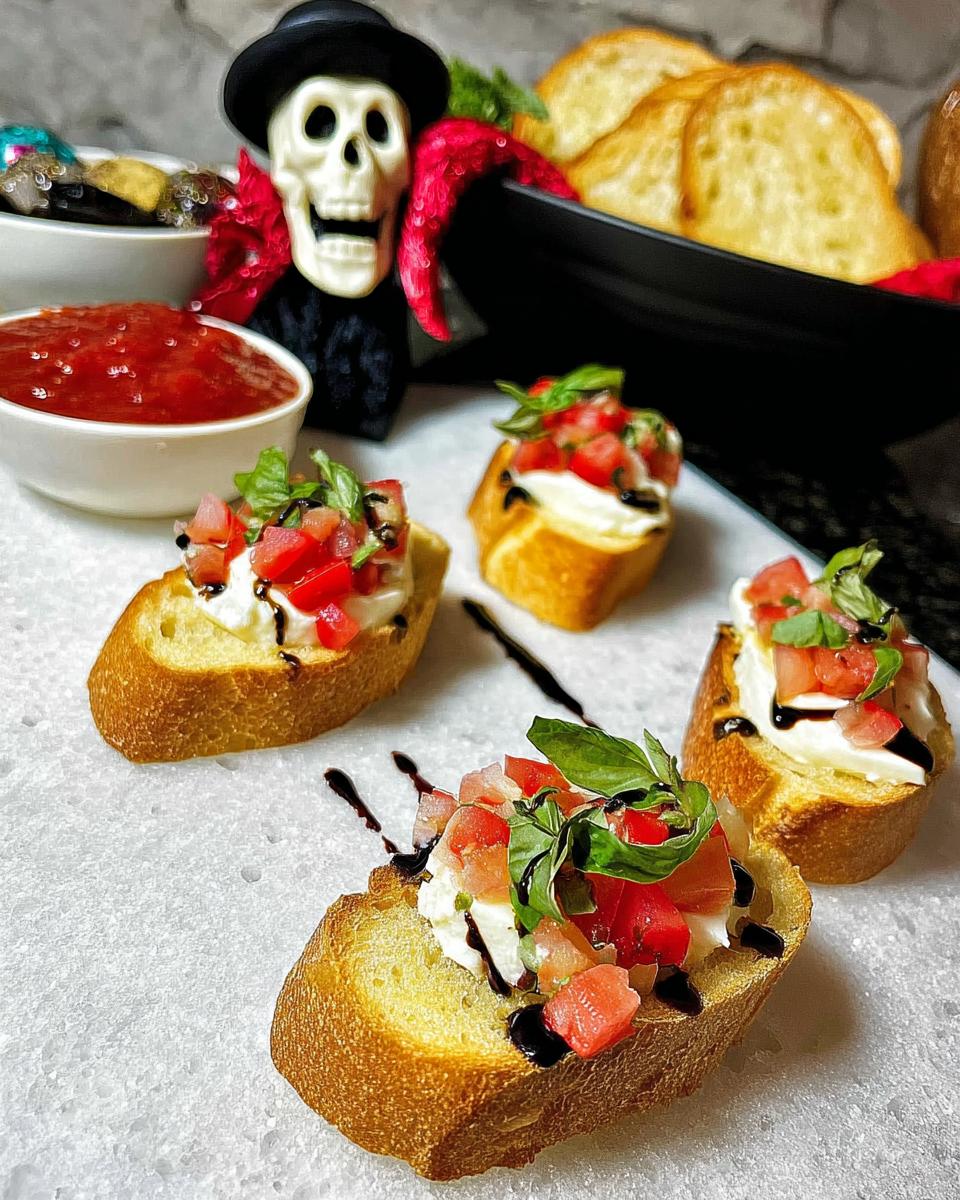 Four Ghost Mozzarella Bites topped with diced tomatoes and basil, served with a side of marinara sauce.