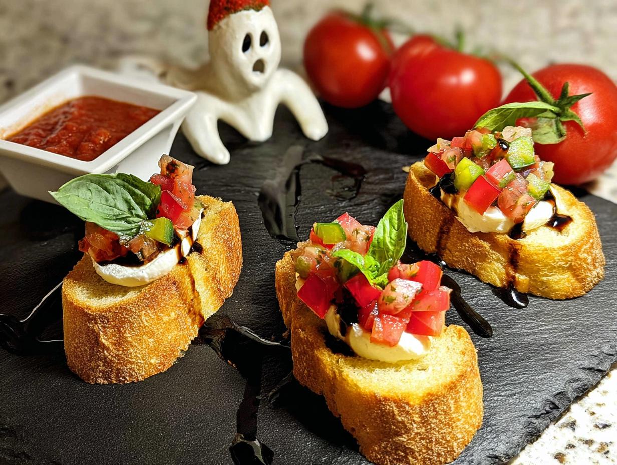 Spooky Ghost Mozzarella Bites with fresh tomato topping, basil, and a side of marinara sauce.