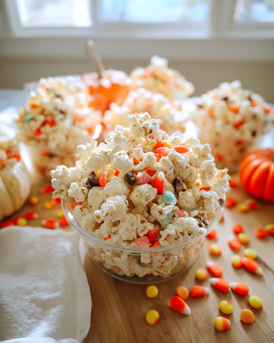 Close-up of Ghost Popcorn Cups filled with popcorn, candy corn, and chocolate chips.