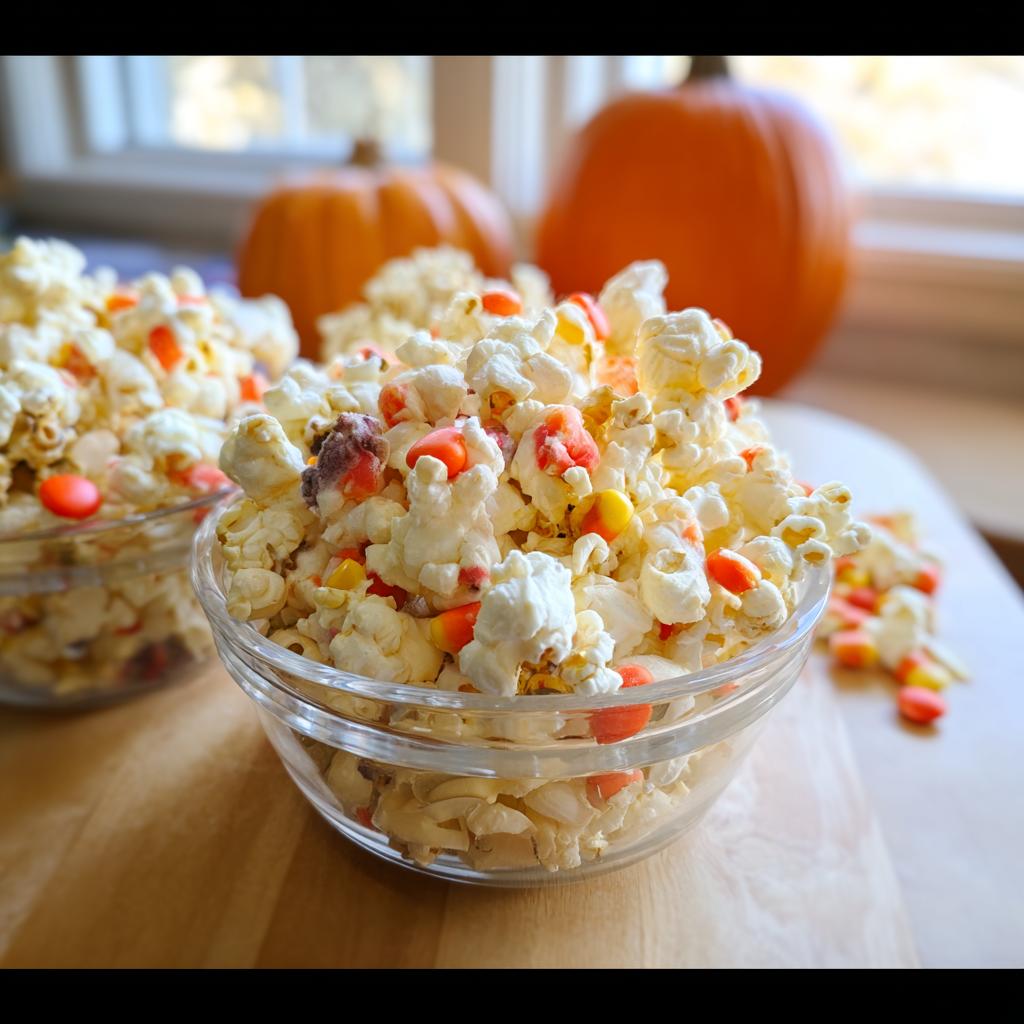 Close-up of Ghost Popcorn Cups in a glass bowl, filled with popcorn, candy corn, and orange M&Ms.