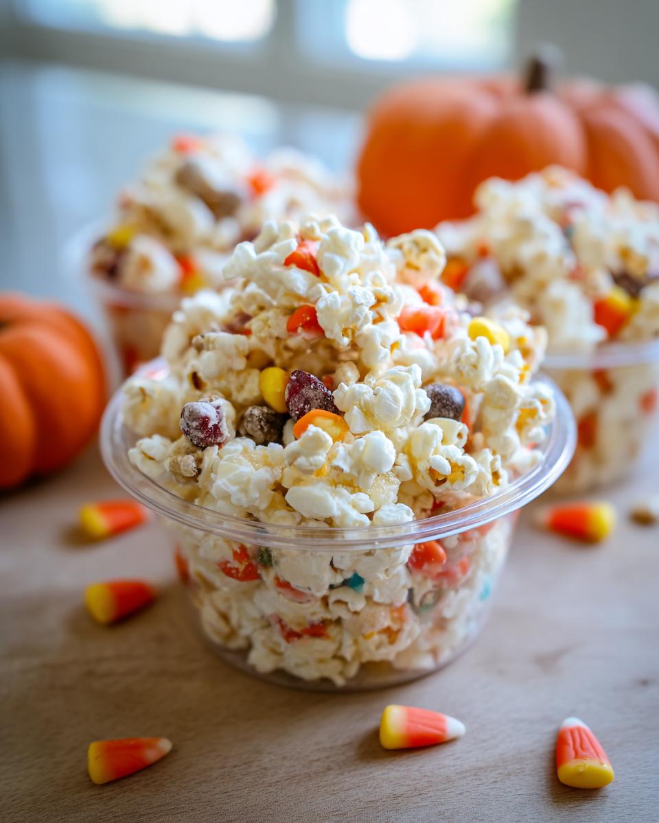 Close-up of Ghost Popcorn Cups filled with popcorn, candy corn, M&Ms, and other colorful candies.