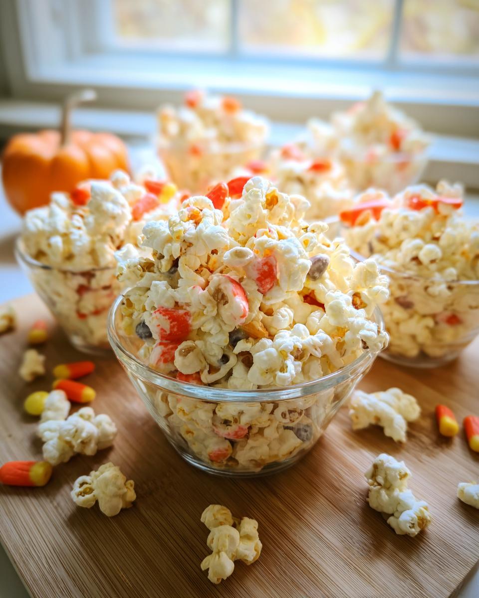 Close-up of Ghost Popcorn Cups filled with popcorn, candy corn, and other colorful Halloween candies.