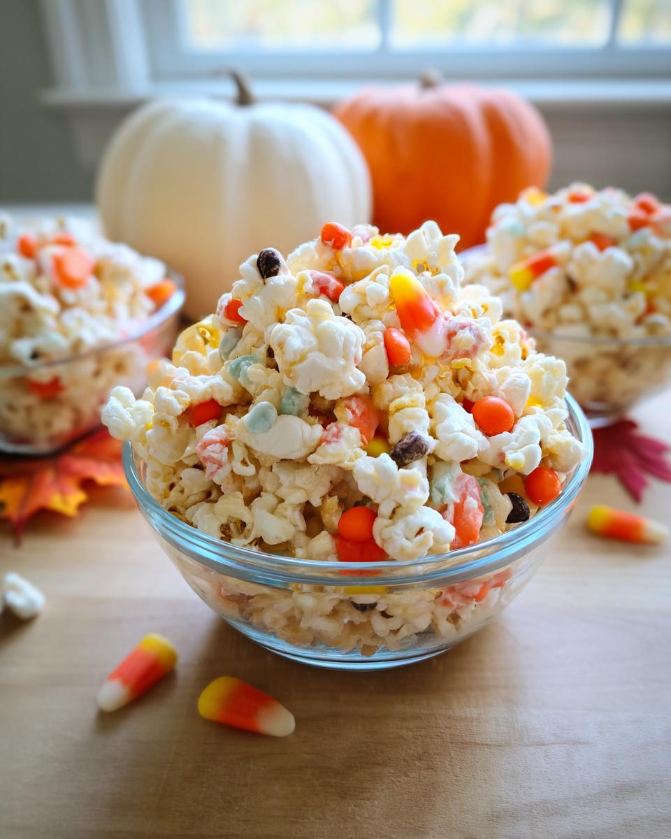 A close-up of Ghost Popcorn Cups filled with popcorn, candy corn, M&Ms, and mini marshmallows in a glass bowl.