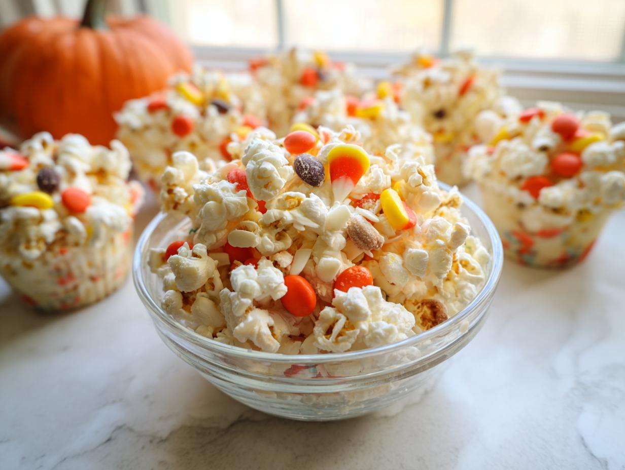 Close-up of Ghost Popcorn Cups filled with popcorn, candy corn, M&Ms, and white chocolate chips.