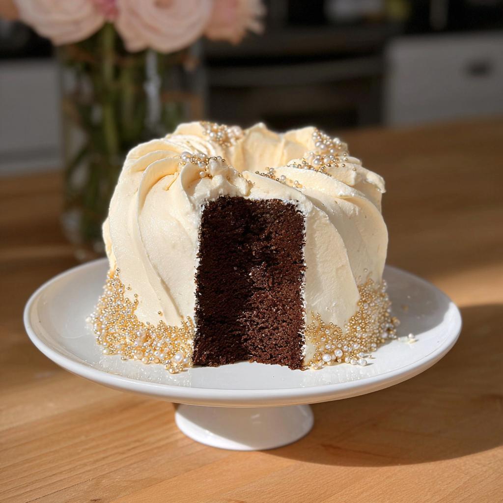 A slice removed from a rich chocolate Gold-Dusted Bundt Cake, revealing the dark interior and creamy white frosting adorned with gold sprinkles.