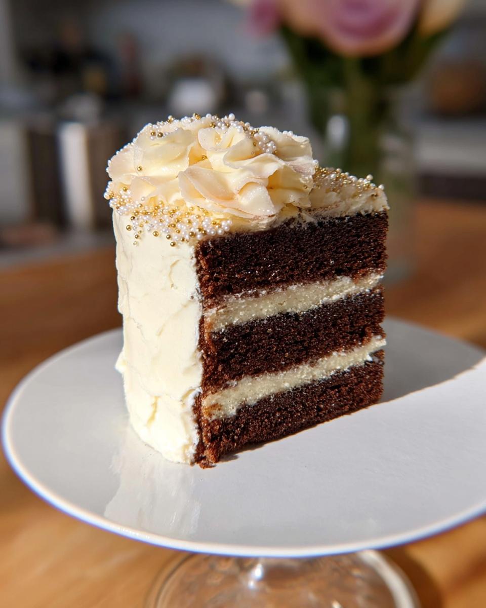 A decadent slice of chocolate cake with white frosting layers, topped with gold sprinkles, reminiscent of the Gold-Dusted Bundt Cake.