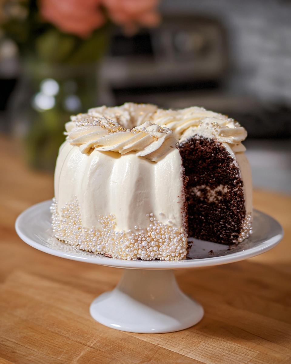 A beautifully frosted Gold-Dusted Bundt Cake on a white stand, showing a slice cut out to reveal the dark chocolate interior.