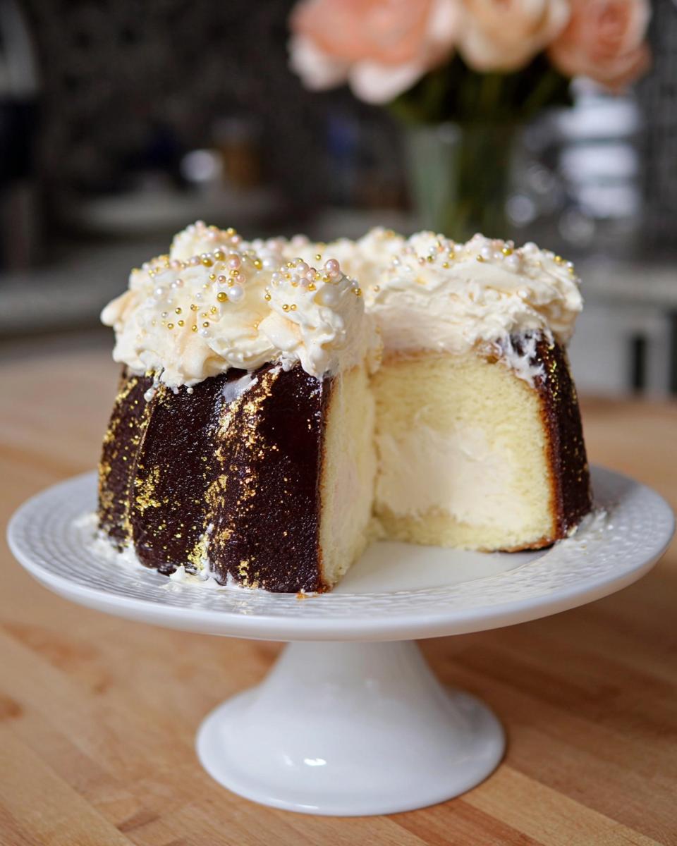 A decadent Gold-Dusted Bundt Cake on a white stand, showing a slice removed to reveal the light interior and cream filling.