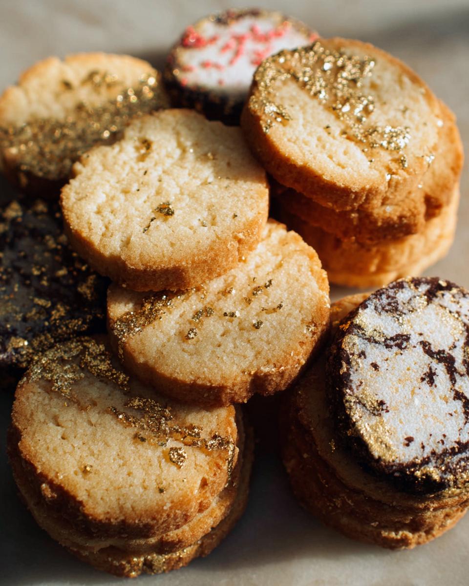 Close-up of stacked and scattered Gold-Dusted Shortbread cookies, some plain and some decorated with gold flakes or dark icing.
