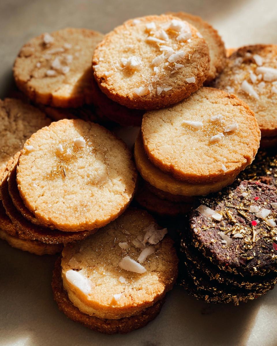 A close-up of stacked Gold-Dusted Shortbread cookies, some plain and some chocolate, topped with sea salt flakes.
