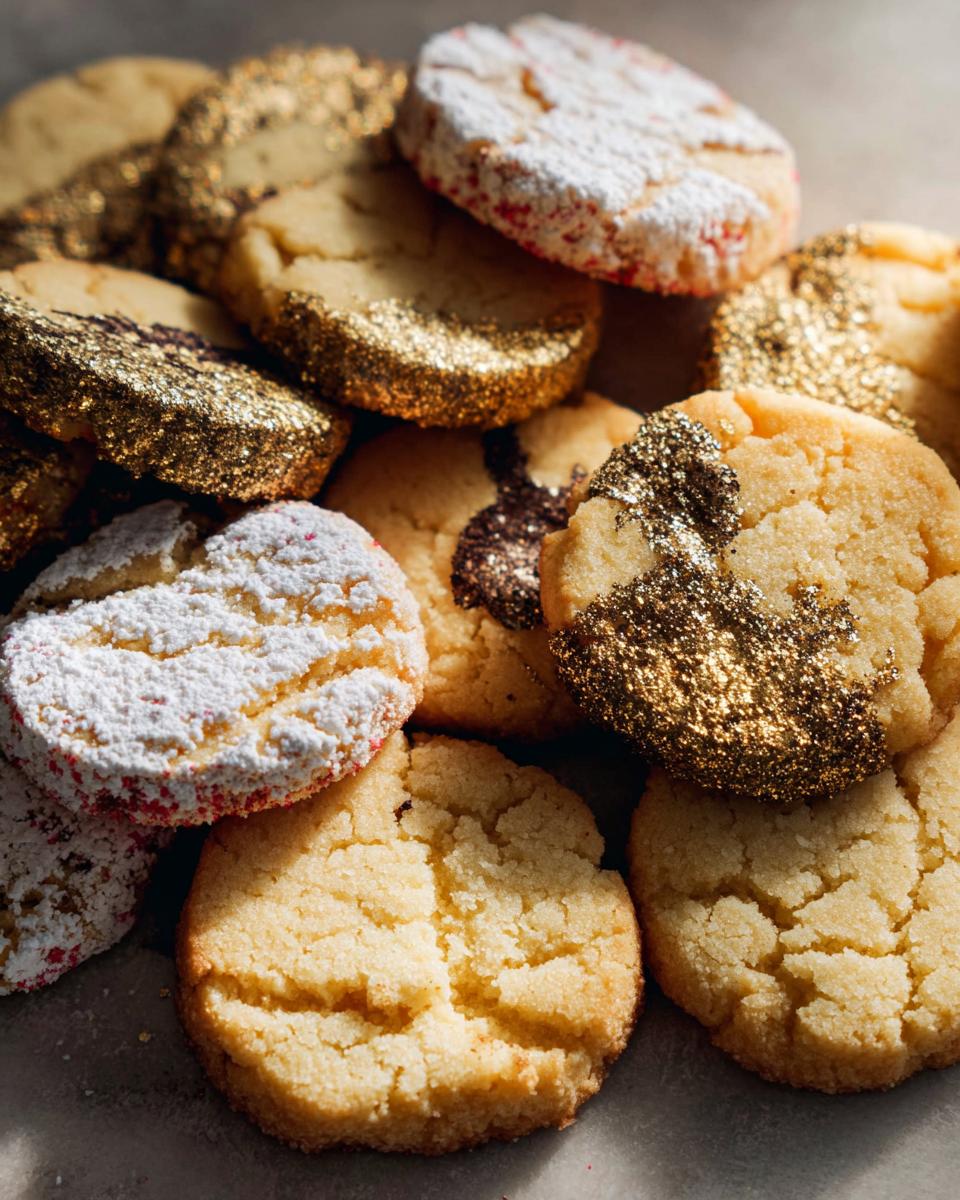 A close-up pile of various decorated Gold-Dusted Shortbread cookies, some covered in edible gold glitter and others dusted with powdered sugar.