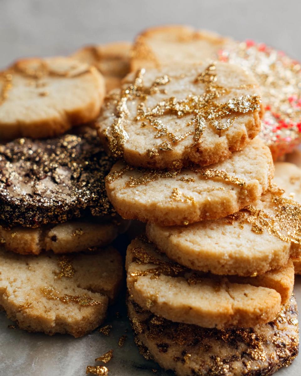 A close-up stack of round, buttery Gold-Dusted Shortbread cookies, some sprinkled with edible gold flakes.