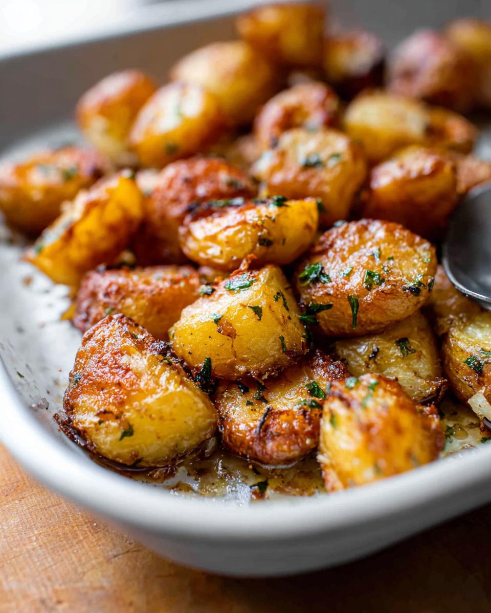 Close-up of golden brown, perfectly Crispy Roasted Potatoes garnished with fresh parsley in a white serving dish.
