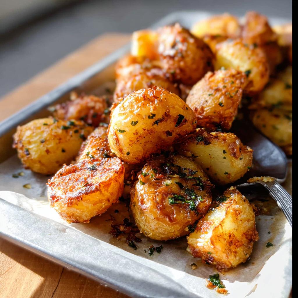 A close-up of golden brown, perfectly Crispy Roasted Potatoes sprinkled with herbs on a metal tray.