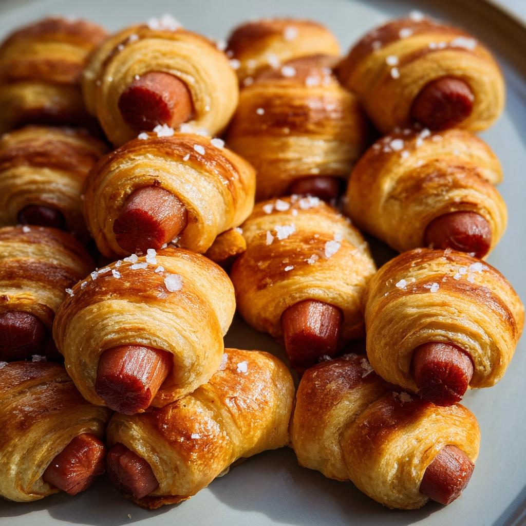 Close-up of golden baked Mini Pigs in a Blanket sprinkled with coarse sea salt.