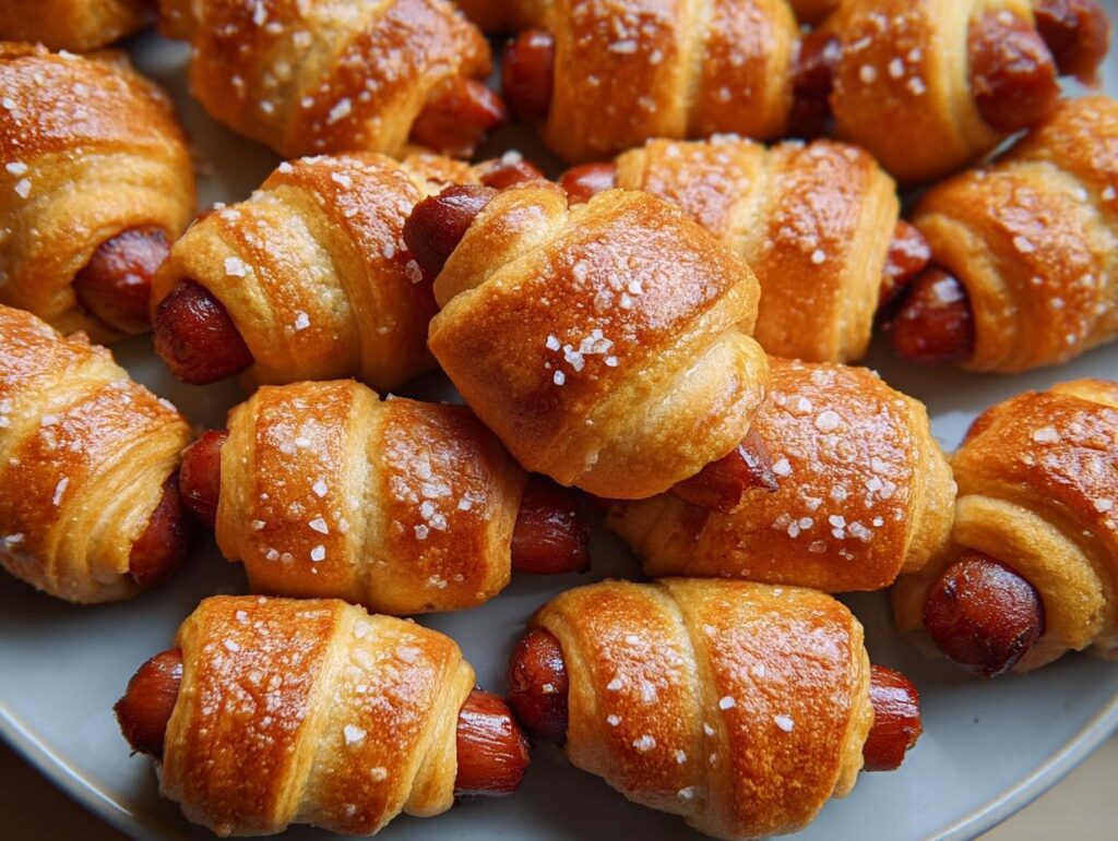 A close-up shot of several golden brown Mini Pigs in a Blanket sprinkled with coarse sea salt on a light gray platter.