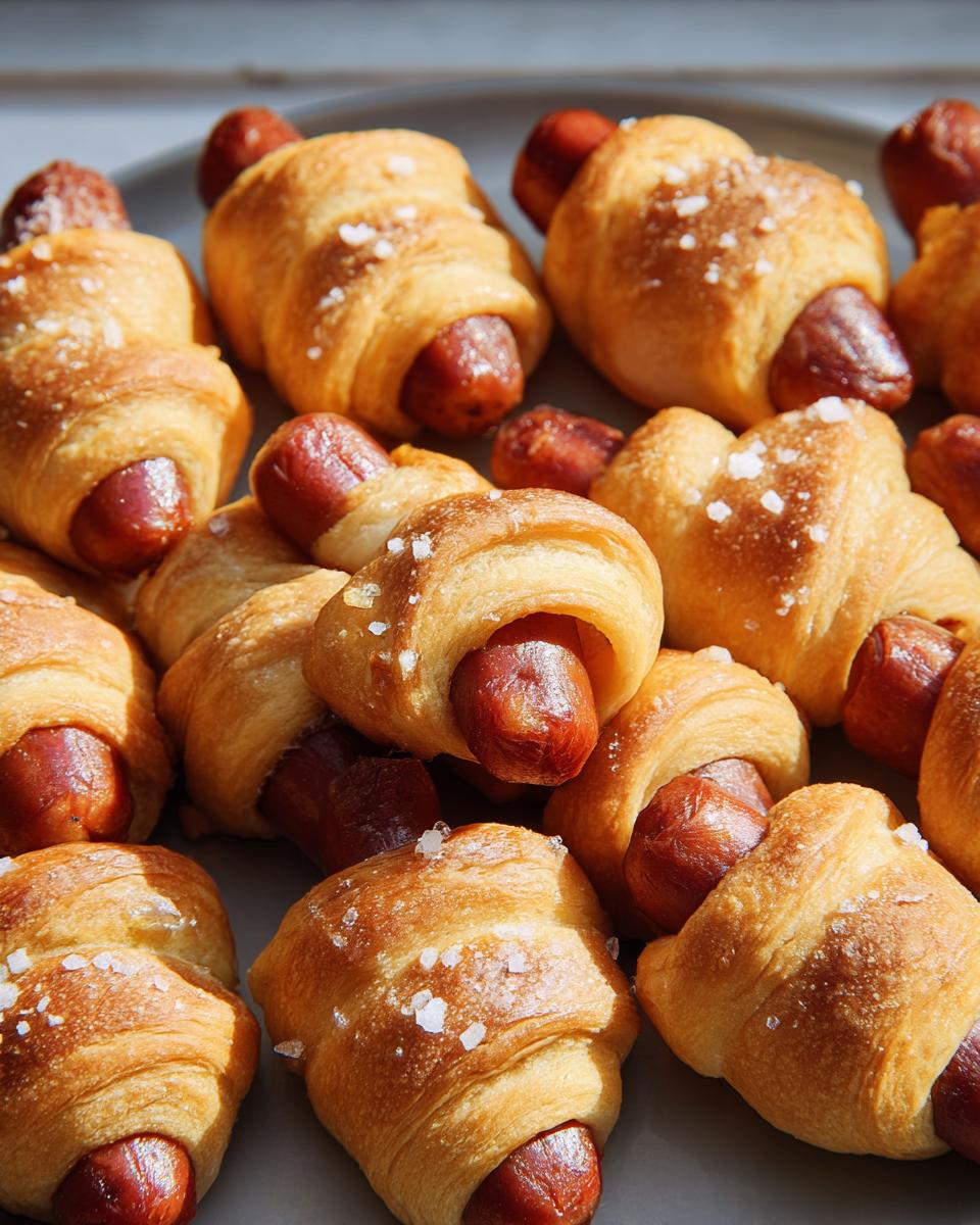 Close-up of golden baked Mini Pigs in a Blanket sprinkled with coarse sea salt on a gray platter.