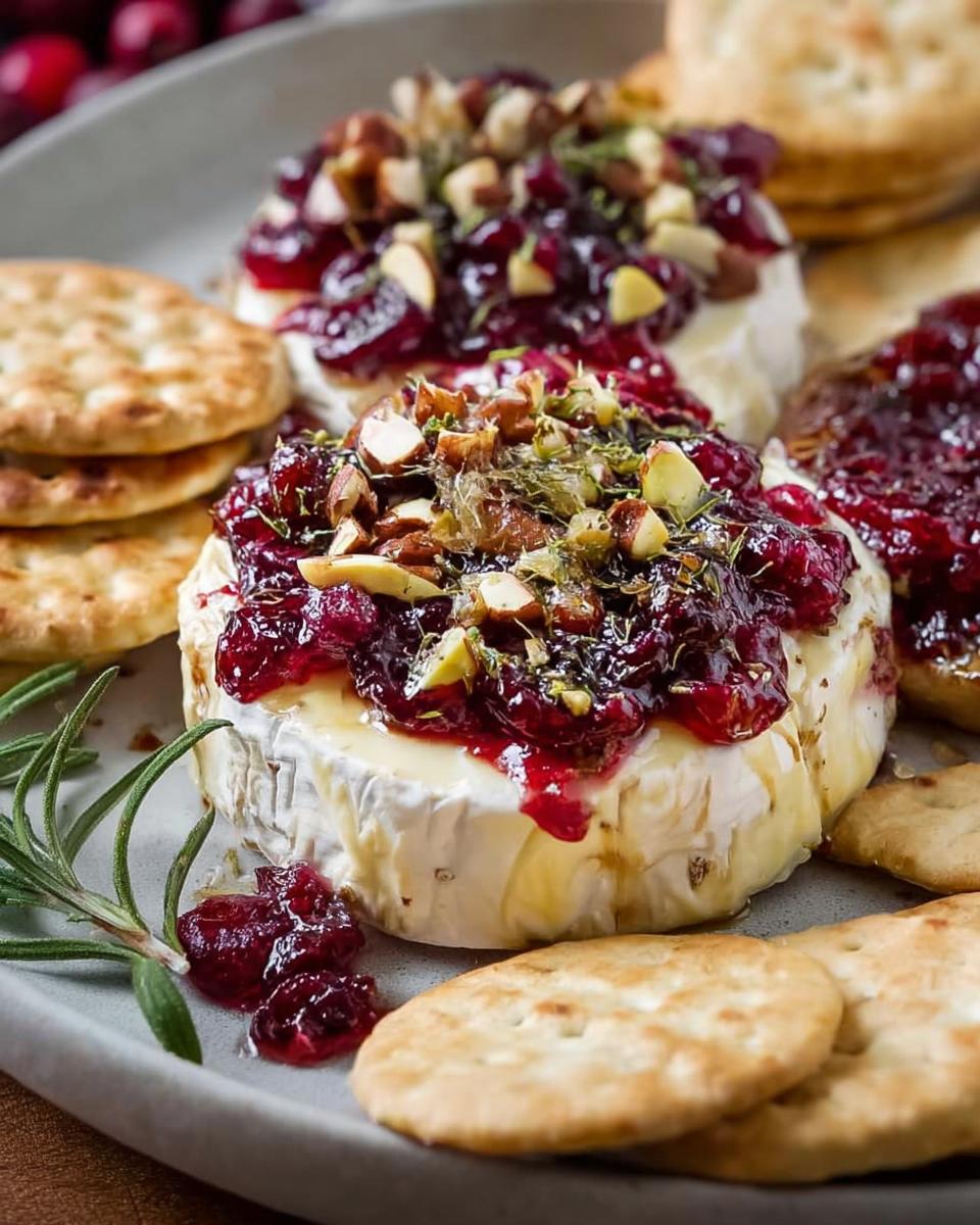 Close-up of warm Cranberry Brie Bites topped with cranberry sauce, chopped nuts, and herbs, served with crackers.