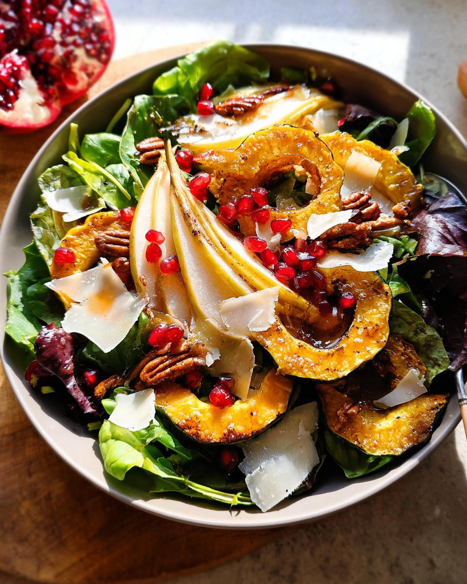 A close-up of a gourmet Thanksgiving salad featuring roasted acorn squash, sliced pears, pomegranate seeds, pecans, and shaved parmesan.