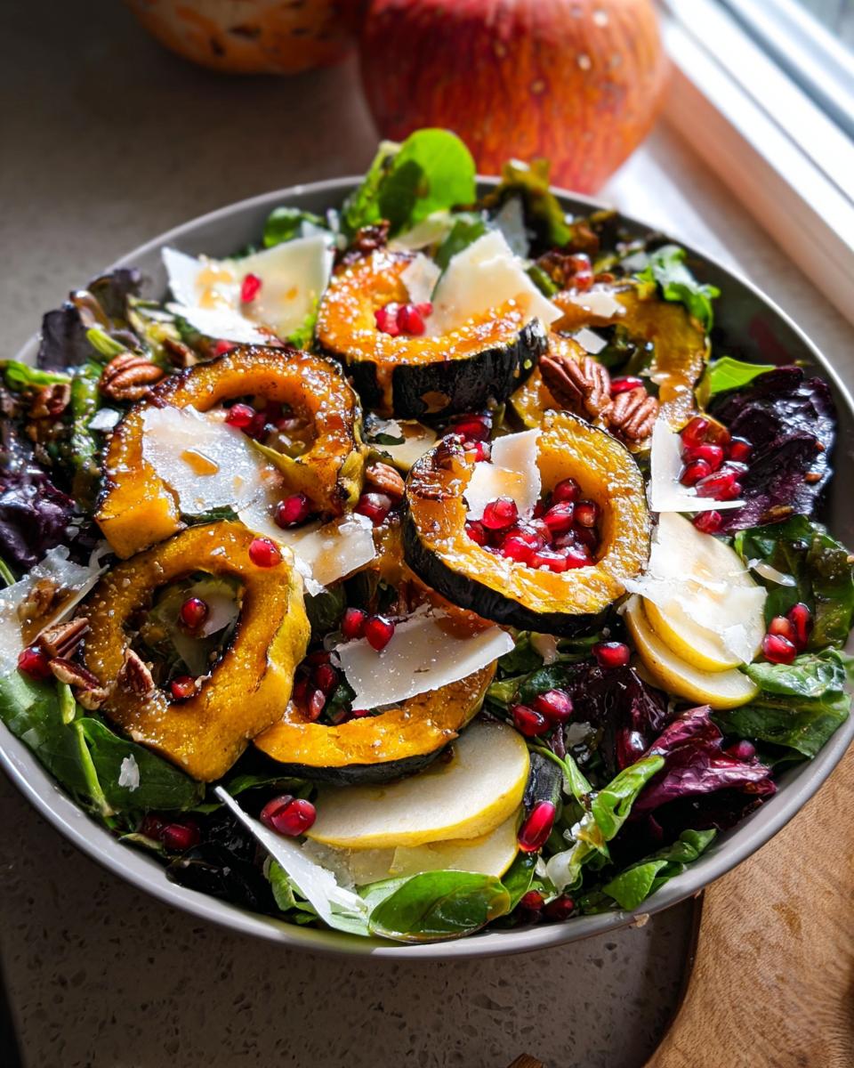 A close-up of a gourmet Thanksgiving salad featuring roasted acorn squash rings, pomegranate seeds, pears, pecans, and shaved Parmesan.